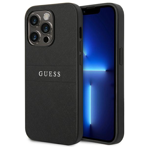 Guess Saffiano Metal Logo Stripes Coque iPhone 14 Pro (Noir) - 3666339088606