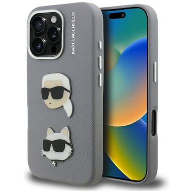 Custodia Karl Lagerfeld FW Grained Karl & Choupette Heads Pins per iPhone 16 Pro Max, grigio