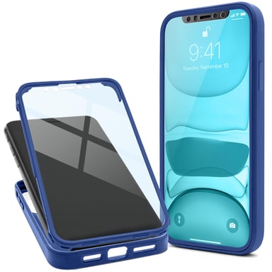 Moozy Coque 360 pour iPhone 12 / 12 Pro - Coque transparente à bord bleu, protection intégrale double face, coque avec protecteur d'écran intégré