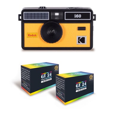 KODAK i60 - Appareil Photo Réutilisable 35mm, Style Rétro, Sans Mise au Point, Flash Intégré Pop-up - Noir et Jaune + 2 Pellicules Couleur 24 Expositions
