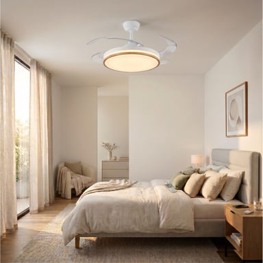 Ventilador de Techo LED Retráctil Yatek Rubia 60W Motor DC 6980 lm 6 Velocidades Mando a Distancia Luz Regulable Ø107 cm Blanco haya