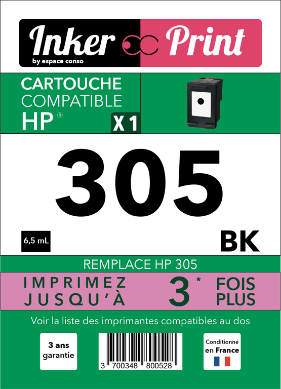 Cartouche d'encre recyclée compatible avec HP 305 XL (Noir)