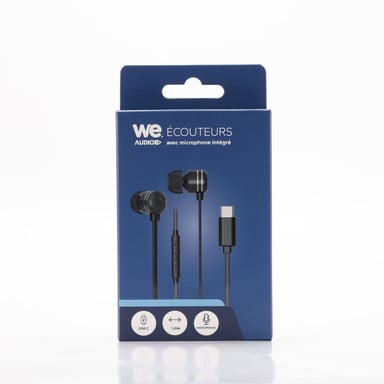 Ecouteurs filaire WE intra. Câble plat 1,20m, connecteur USB-C, boîtier de contrôle du volume et microphone intégré. Noir