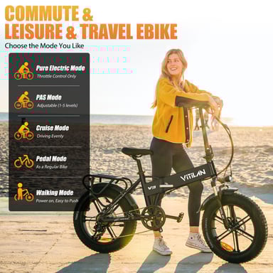 Bici elettrica fuoristrada pieghevole per adulti Vitilan V3 2.0 con pneumatici Fat - Nera