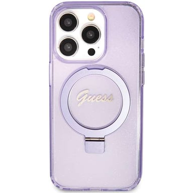 Custodia Guess per iPhone 15 Pro Max 6,7'' viola Custodia rigida Ring Stand Script Glitter MagSafe