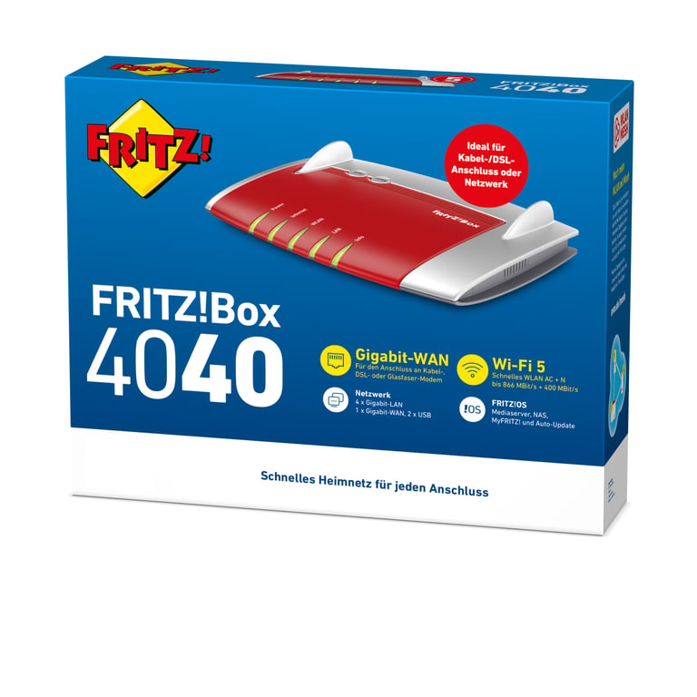 FRITZ! Box 4040 WLAN-Router Gigabit Ethernet Dual-Band (2,4 GHz/5 GHz) Rot, Silber