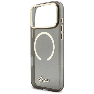 Custodia Guess IML Glitters Script Strap MagSafe per iPhone 17, nera