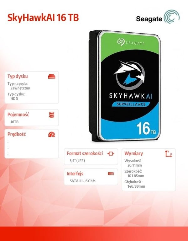 Seagate SkyHawk AI disque dur 16 To 7200 trmin 256 Mo 3.5 Série ATA III Neuf - vue 3