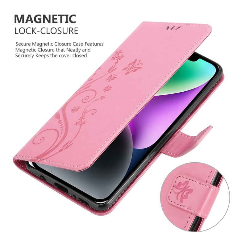 Coque pour Apple iPhone 14 PLUS en ROSE FLORAL Housse de protection Étui au design floral avec fermeture magnétique, fonction de support et emplacements pour cartes
