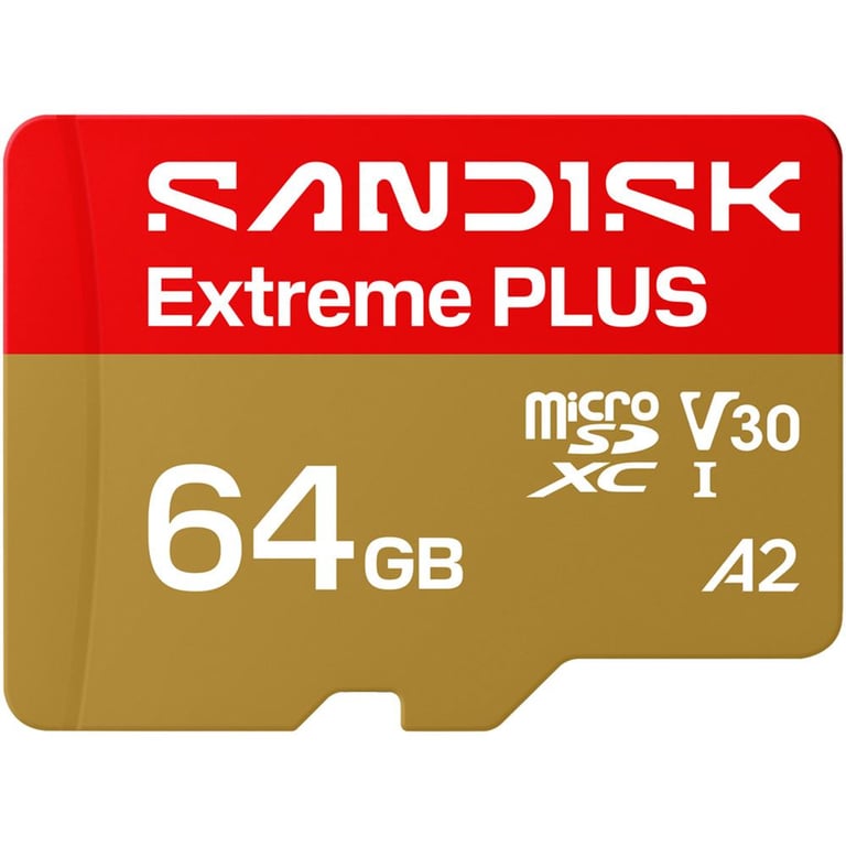 Carte mémoire microSDXC SanDisk Extreme Plus 64 Go UHS-I V30 A2 QuickFlow jusqu'à 200 Mo/s lecture 90 Mo/s écriture Rouge/Doré - Neuf