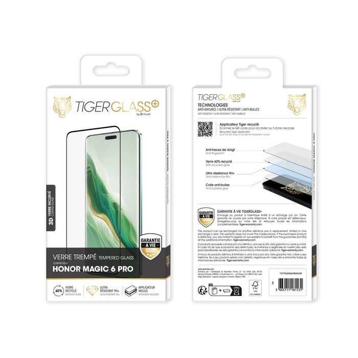 Vetro Tiger Glass Plus riciclato 3D temperato Honor Magic 6 Pro
