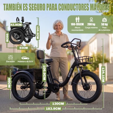 Tricycle cargo électrique ESKUTE T302 Pro, batterie 48 V 20,8 Ah, avec dossier de siège arrière et paniers avant/arrière - blanc