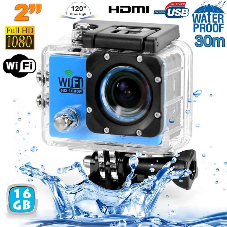 Camera Embarquée Sports Wi-Fi LCD Caisson Étanche Waterproof Full HD Bleue 16Go YONIS