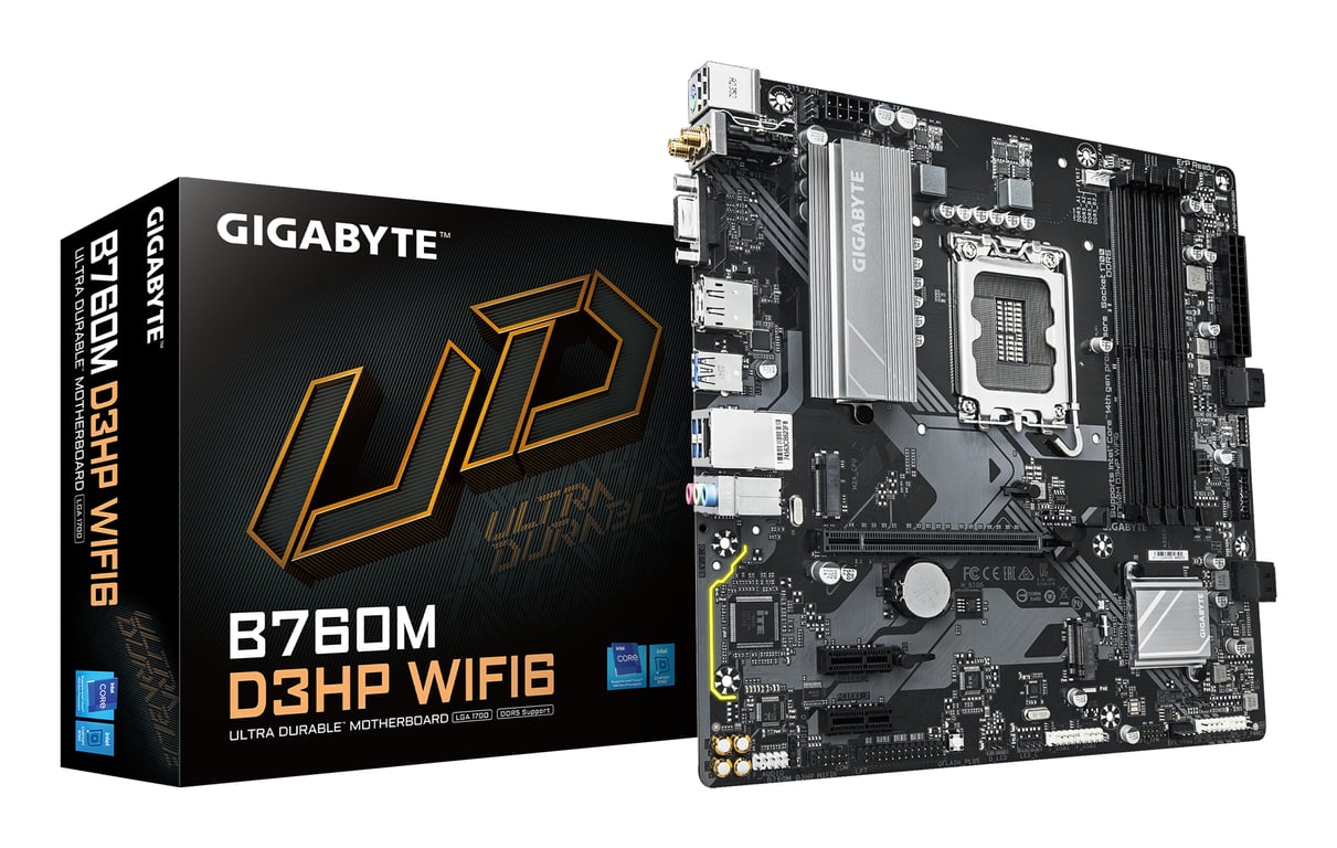 GIGABYTE B760M D3HP WIFI6 Carte mère Compatible avec les processeurs Intel Core 14e génération VRM numérique 4+1+1 phases jusqu'à 5600 MHz DDR5 2x .2 PCIe 4.0 Wi Fi 6 LAN GbE USB 3.2 Gen 1 Neuf