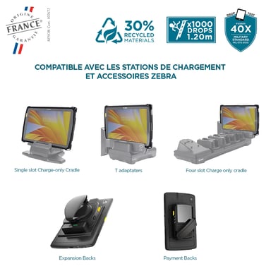 Custodia per tablet Zebra ET40 ET45 10'', protezione militare rinforzata, Made in France, accessori di ricarica compatibili, antimicrobico, nero