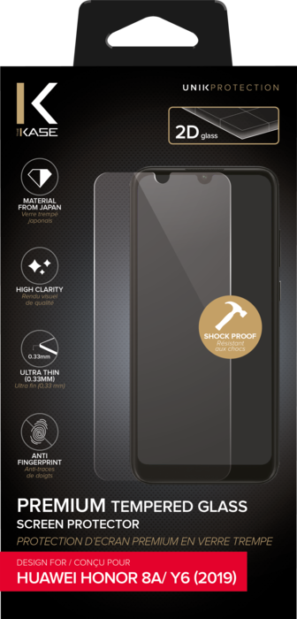Protector de pantalla de cristal templado premium para Huawei Honor 8A/ Y6 2019, Transparente.