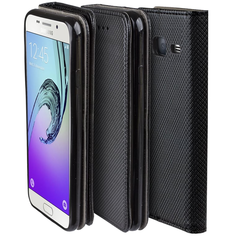 Moozy Case Flip Cover pour Samsung J3 2016, Noir - Étui à Rabat Magnétique Intelligent avec Porte-Cartes et Support