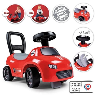 Porteur 2-en-1 SMOBY Red Ride-On avec volant directionnel et klaxon, poignée arrière, rangement sous la selle, roues 4 roues Noir