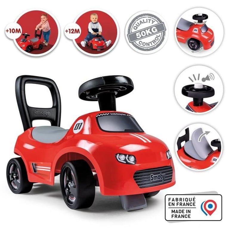 Porteur 2-en-1 SMOBY Red Ride-On avec volant directionnel et klaxon, poignée arrière, rangement sous la selle, roues 4 roues Noir - Neuf