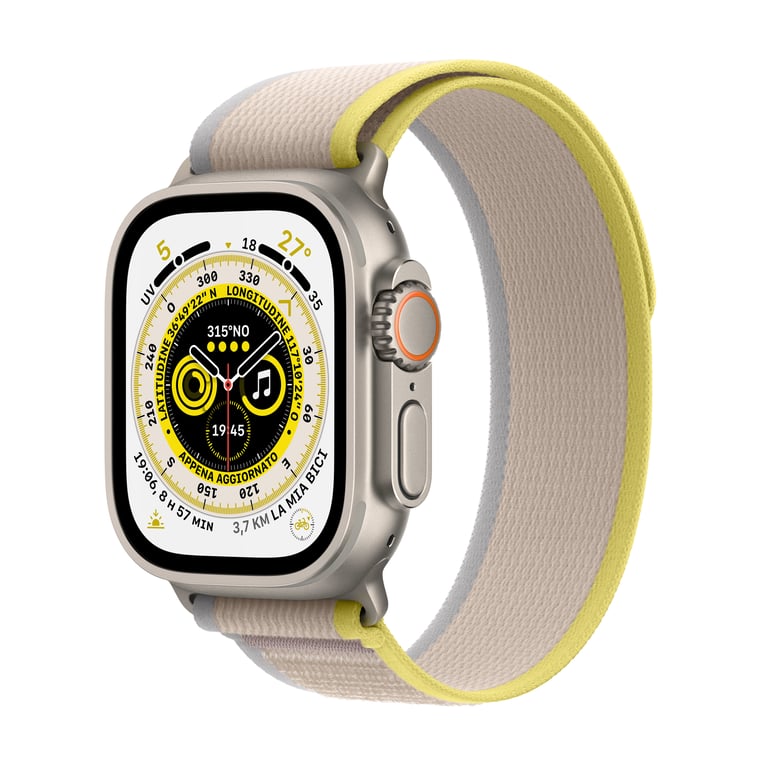 Watch Ultra GPS + Cellular, Boîtier en Titane de 49 mm avec Boucle Trail-  Jaune/Neige - Taille du bracelet - S/M - Apple