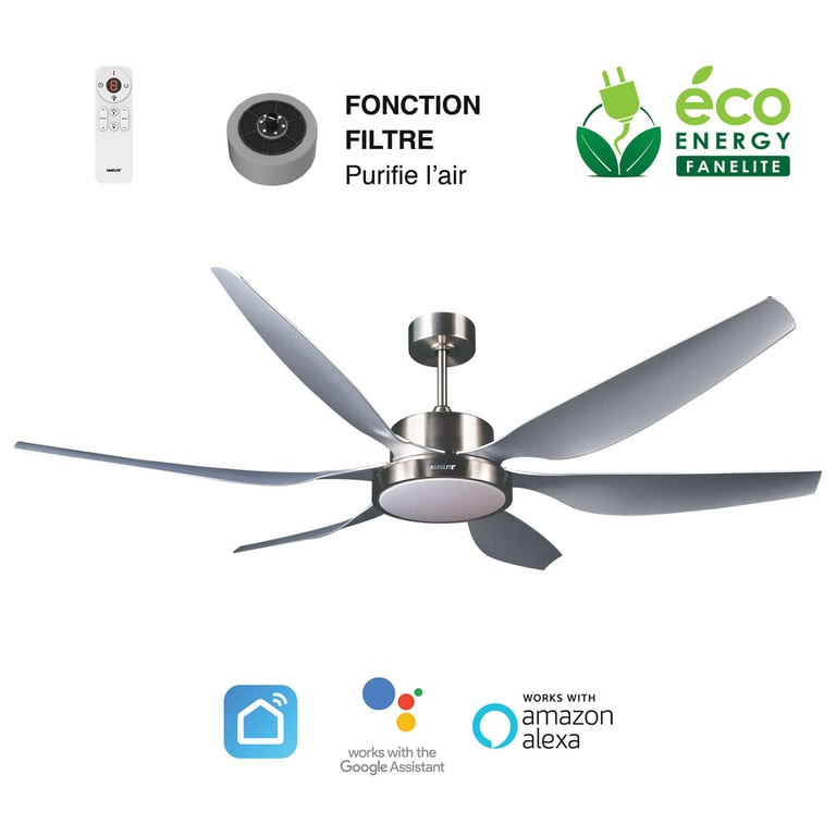 Fanelite Ventilateur de plafond 168 cm gris HUAHINE - Moteur DC 55W - LED 22W 3 couleurs - Silence + PURIFICATEUR D'AIR INCLUS Gris - vue 2