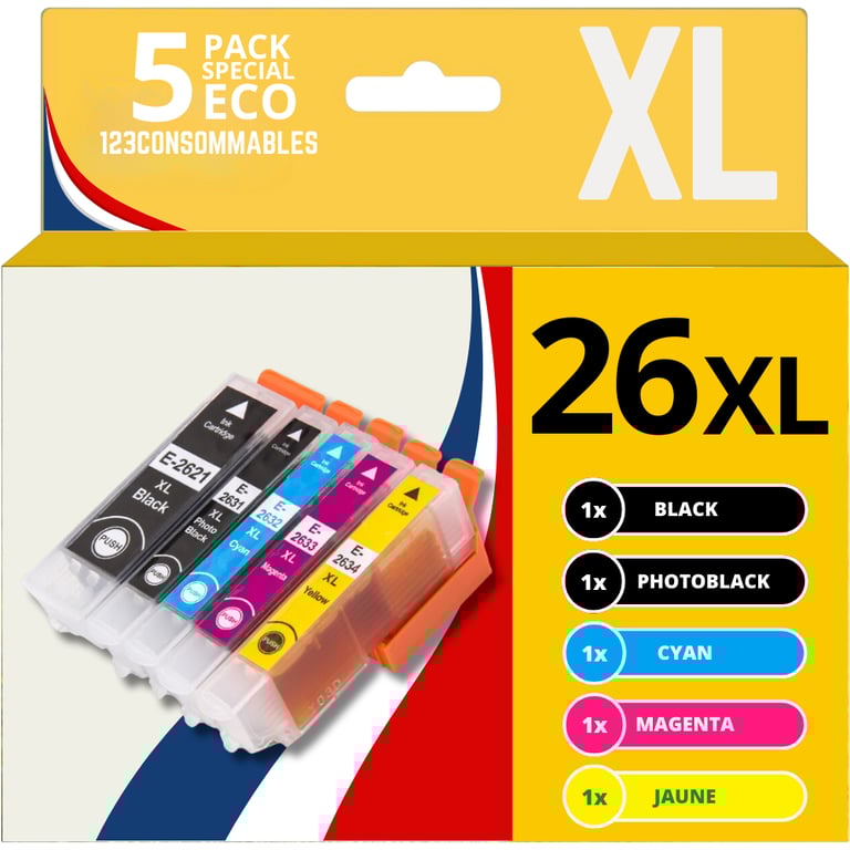123CONSOMMABLES 26XL Pack 5 Cartouches d'encre compatibles avec Epson pour Epson Expression Premium XP 510 XP 520 XP 600 XP 605 XP 610 XP 615 XP 620 XP 625 XP 700 XP 710 XP 720 XP 800 XP 810 Neuf - vue 2