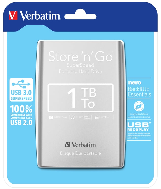 Verbatim Disque dur portable USB Store 'n' Go 3.0, 1 To, Argenté - Neuf