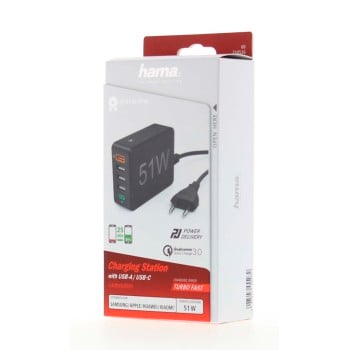 Station de charge 51 W, 5 ports (1xQC3.0, 3xUSB-A, 1xUSB-C PD), noire