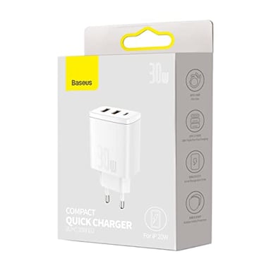 Cargador de red compacto 2x puertos USB-A + 1x puerto USB-C 30W (Blanco)