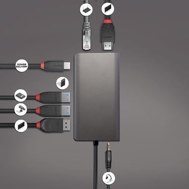 Lindy DST-Mini XT, Mini Docking Station USB-C pour Laptop pour un écran (4K) ou deux écrans (Full HD) & charge 100W