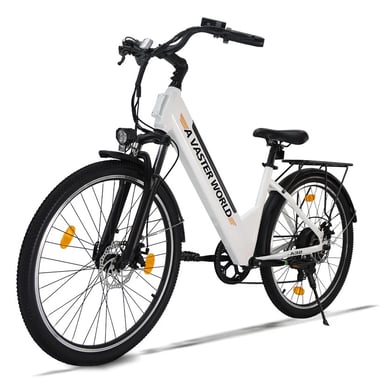 Vélo électrique urbain AVDL A32 26'', batterie amovible 36 V 12,8 Ah, Shimano 7 vitesses - Blanc