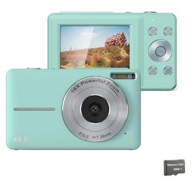 Appareil photo numérique 44MP/1080P avec zoom 16X, illumination et carte 32 Go Green