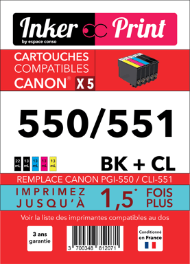 Pack de Cartouches d'encre recyclées compatibles avec CANON 550 / 551 XL (Noir et Couleurs)