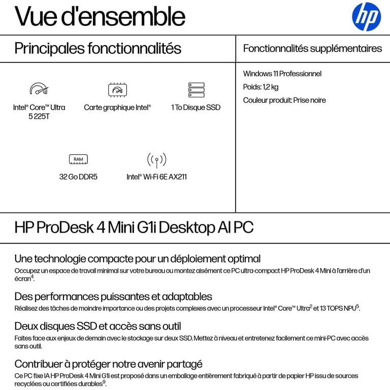 HP ProDesk 4 Mini G1i Desktop AI PC SSD Windows 11 Pro Mini PC Neuf - vue 5