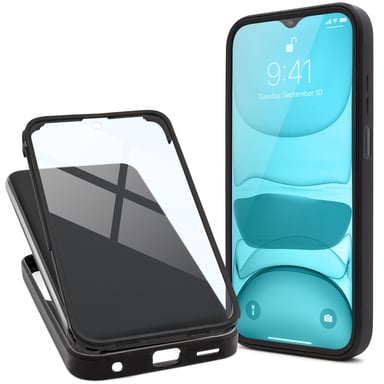Moozy Coque 360 pour Samsung A23 5G/4G - Coque transparente à bord noir, protection intégrale double face, coque avec protecteur d'écran intégré