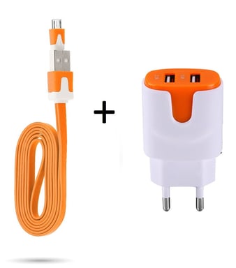 Pack Chargeur pour Manette Playstation 4 PS4 Smartphone Micro USB (Cable Noodle 1m Chargeur + Double Prise Secteur Couleur USB)  (ORANGE)