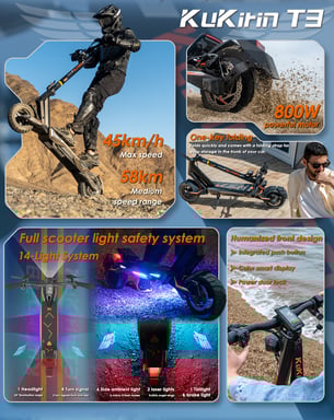 Trottinette électrique - T3 800 W, batterie 48 V 15,6 Ah, 45 km/h, autonomie de 58 km, pneus 10'' et doubles freins à disque