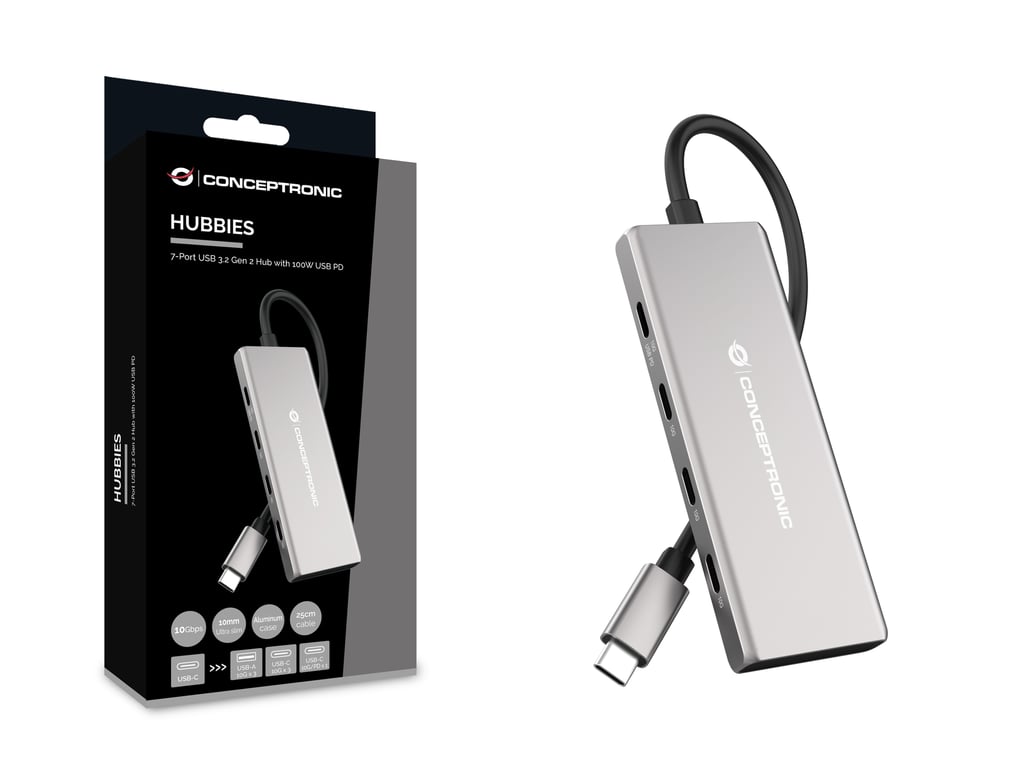 Conceptronic HUBBIES17G hub & concentrateur USB 3.2 Gen 2 (3.1 Gen 2) Type-C 10000 Mbit/s Gris - Neuf