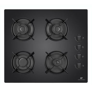 Table de cuisson gaz Continental Edison 4 foyers verre trempé noir allumage électronique 230 V 7,5 kW manettes grilles robustes dimensions 59,4 x 52,3 cm - Neuf