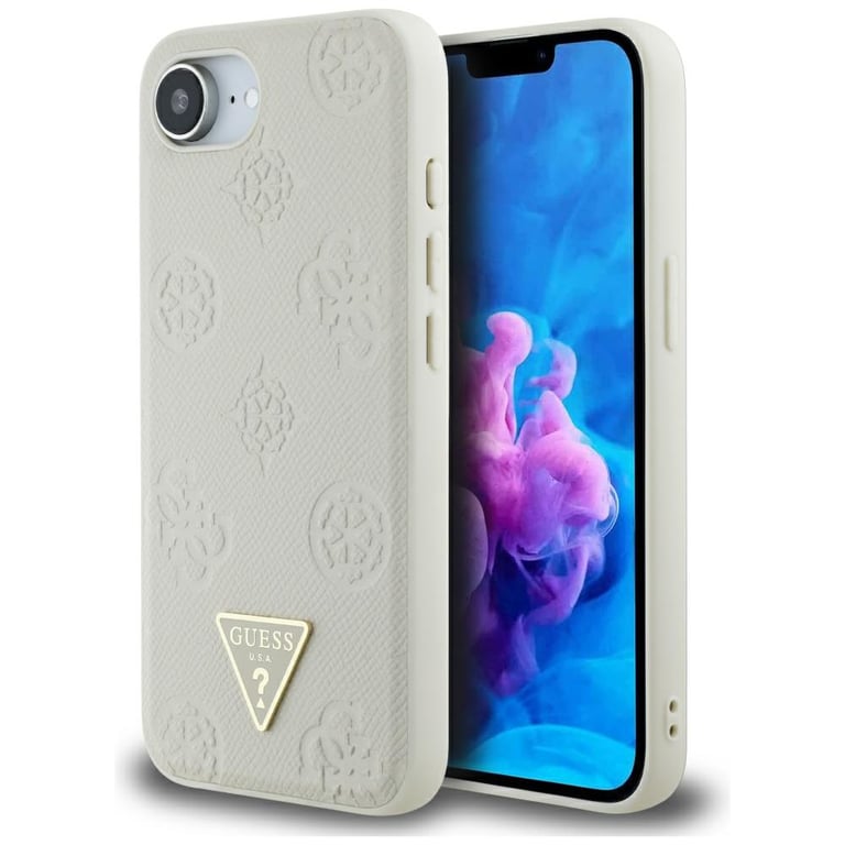 Coque Guess Grained Hot Stamp Pivoine Triangle Logo MagSafe pour iPhone 16e
