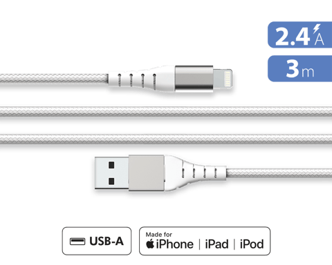 Cavo USB A/Lightning rinforzato 3 m - 2,4 A Bianco