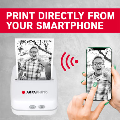 AGFA PHOTO Realipix Pocket P - Impresora fotográfica térmica portátil (impresión en blanco y negro sin tinta, Bluetooth, batería de litio) Blanco