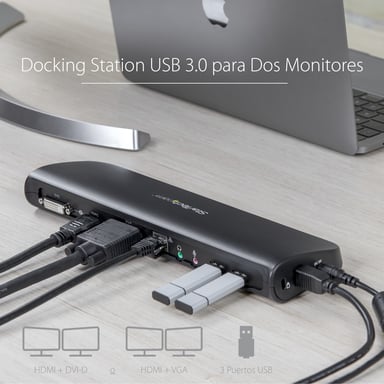 StarTech.com Docking station per notebook USB 3.0 a doppio schermo con HDMI/DVI/VGA, hub USB-A 3x, GbE, audio, docking station universale di tipo A per Windows/macOS/ChromeOS - Conforme TAA