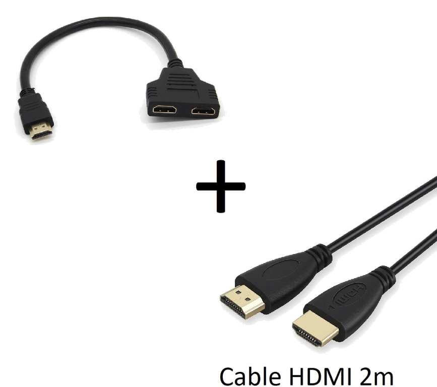 Pack HDMI pour TV et PC (Cable HDMI 2m + Adaptateur Double HDMI) Gold 3D  FULL