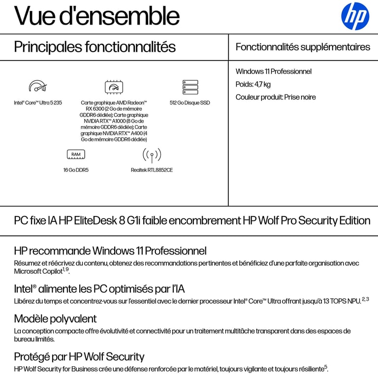 HP EliteDesk 8 SFF G1i AI Wolf Pro Security Edition Intel Core Ultra 5 235 16 Go DDR5-SDRAM Windows 11 Pro PC AI PC - Neuf