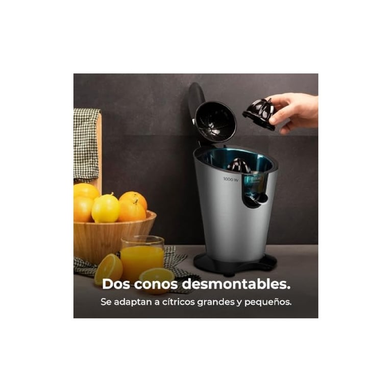 Cecotec Presse Agrume Electrique EssentialVita PowerFresh 1000 Inox. Presse Agrumes Électrique De Avec Bras Levier Deux Cônes Démontables Et Un Filtre En Acier Inoxydable. - vue 3