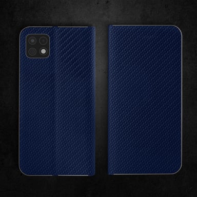 Moozy Étui Portefeuille pour Samsung A22 5G, Bleu Foncé Carbone - Étui à Rabat avec Bordure Métallique, Fermeture Magnétique, Flip Cover avec Porte-Cartes et Fonction Béquille