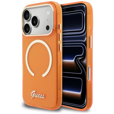 Custodia Guess IML Script Metal MagSafe per iPhone 17 Pro Max, arancione