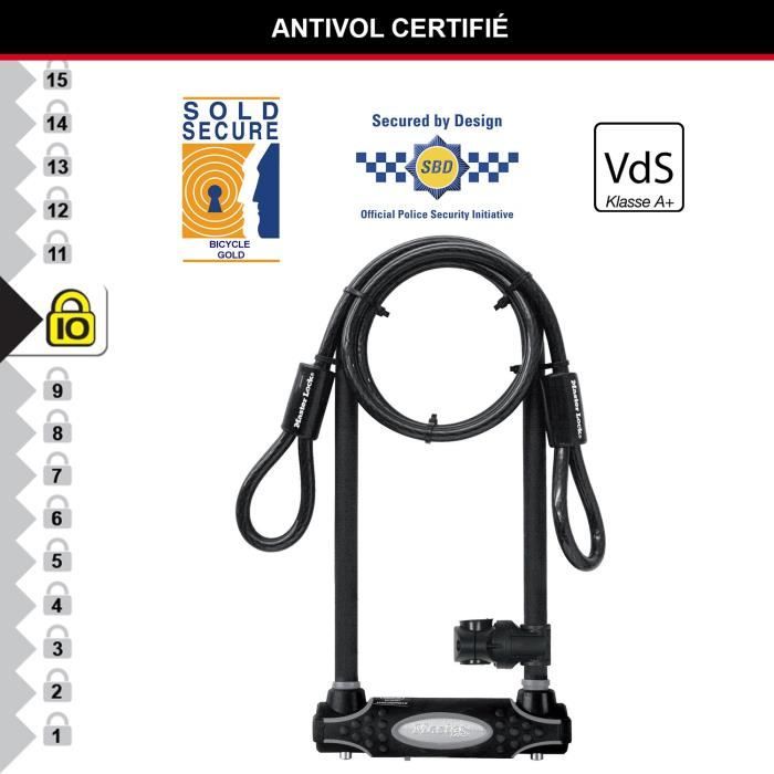 Antivol U avec Câble MASTER LOCK Modèle Sold Secure Gold Police Approved - vue 3