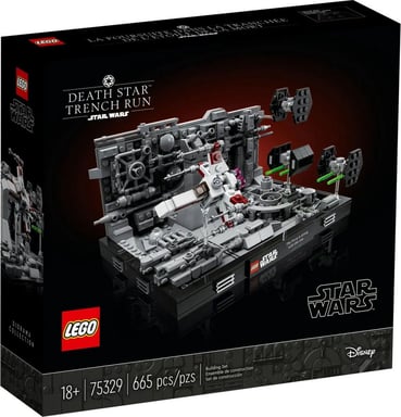 Diorama LEGO Star Wars Morte Nera 75329 con caccia TIE e X-wing, scena Trench Run